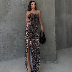 Leopard Print Slim Fit Slimming Tube Top Backless Split