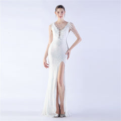 Heavy Industry Ostrich Feather plus Beaded Long Sequined Evening Dress