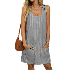 round Neck Striped with Pockets Button Strap Casual Dress