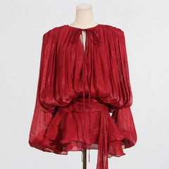 Puff Sleeve Lotus Leaf Skirt Early Pleated Design Short Mesh