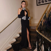 Halter Silver Floral Hollow Out Cutout Dress with Gloves Split