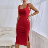 Solid Color Slim Fit Slit Square Collar Hip Bag Cami Dress