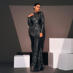 Abendkleid, langärmelig, Rundhalsausschnitt, schmal geschnitten, langes Pailletten-Cocktailkleid für Brautjungfern