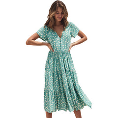 Vacation Casual V neck Buttons Small Floral Print Short Sleeve Dress