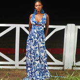 Comfort Casual Backless Blue White Printed Fairy Dress V neck Sling Dress