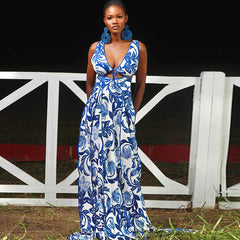 Vestido de hada con cuello en V, informal, cómodo, sin espalda, estampado azul y blanco