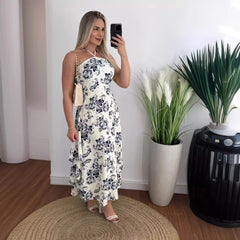 Vestido de tirantes finos con cuello halter y estampado digital personalizado para vacaciones en el sudeste asiático