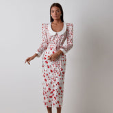 Elegant Printed Dress Three Quarter Sleeve Collared Split Waist Fitted Dress