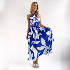 Shoulder Sleeveless Printed Lace up Large Swing Dress for