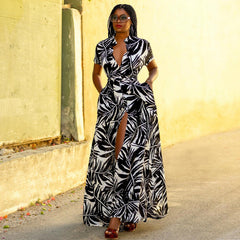 Printed Short Sleeved Lace up Cardigan Collared Dress