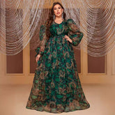 Plus Size Chiffon Maxi Dress Long Sleeve Elegant Random Print Maxi Dress for