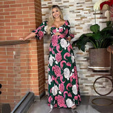 Square Collar Bow Hollow Out Cutout Design Bubble Long Sleeve Maxi Dress