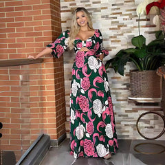Vestido largo de manga larga con cuello cuadrado, lazo y diseño calado con burbujas