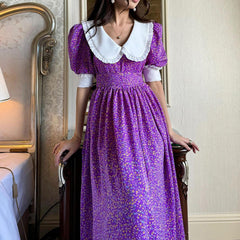 French Peter Pan Collar Short Sleeve Dress Purple Floral Tie Neck Slimming Dress