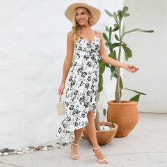 Sling Irregular Asymmetric Dress Long Sling Floral Beach Dress