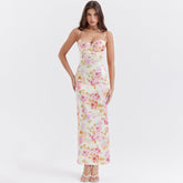 Dress Printed Strap Dress Backless Slit Vacation Floral Dress for