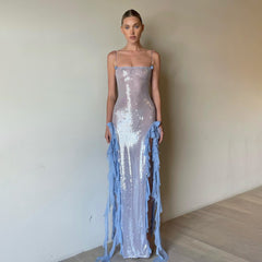 Evening Dress See through Maxi Dress Sequined Stringy Selvedge Dress Three Dimensional Floral Frayed Dress