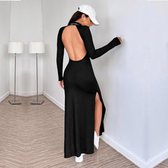 Simple Backless Design Slim Fit Slit Midi Dress