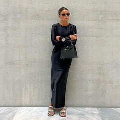 Early Satin Draping Dress round Neck High Waist Long Sleeve Dress