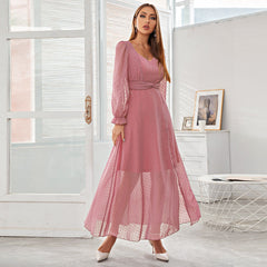 Dress Arrival Pink Voile Long Dress High Waist Slim Fit