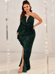 Plus Size One Shoulder Long Sleeve V neck Maxi Sequin Dress Fishtail Dress