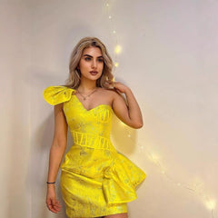 One Shoulder Jacquard Embroidered Dress Ladies Party Dress Short