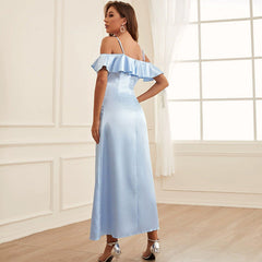 Vestido formal de dama de honor para adultos, vestido azul con tirantes finos y volantes, corte A