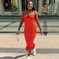 Personalized Sling Backless Wooden Ear Knitted Slim Fit Maxi Dress