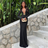 Solid Color Deep V Plunge High Waist Fishtail Dress Elegant Dress