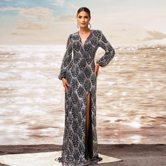 Long Sleeved V neck Cocktail Sequined Hip Split Evening Dress Bridesmaid