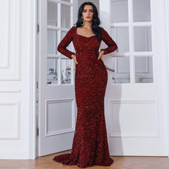 Vestido de novia de manga larga con escote de cola de pez y largo medio, color tostado, negro, para noche