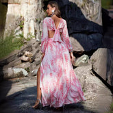 Chiffon Printed Long Sleeve Hollow Out Cutout Out Split Maxi Dress