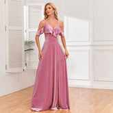 off the Shoulder Front Lace up Ruffles Split Long Evening Dress A line Velvet Bridesmaid Party Dress