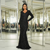 Long Sleeved Sequined V neck Annual Party Party Evening Dress Bridesmaid Dress for