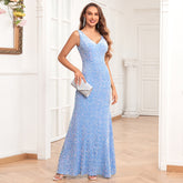 Double V neck Luxury Velvet Formal Party Dress Mermaid Sparkling Sequined Long