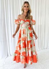 Elegant Puff Sleeve V neck Hollow Out Cutout out Printed Dress for