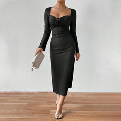 French Elegant Socialite Dress  Square Collar Slit Slim Midi Dress