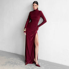 High Collar Slim Fit Long Sleeves High Slit Elegant Maxi Dress