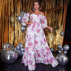 Plus Size Five Quarter Sleeve Waist Hollow Out Cutout Out Long Off Shoulder Chiffon Printed Dress