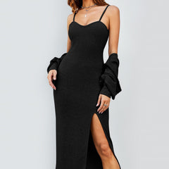 Black Halter Group Short Shawl Halter High Slit Dress