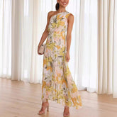 Printing Oblique Shoulder Folding Elastic Waist Vacation Dress Dress