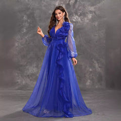 Vestido de noche de graduación con escote en V, manga larga, volante tridimensional, elegante y decorativo.