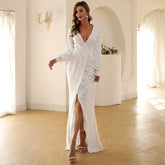 Office Slimming White Long Sleeve Solid Color Dress