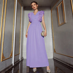 Solid Color V neck Sleeveless High Waist Dress