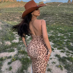 Leopard Print Sling Slim Fit Backless Split Dress