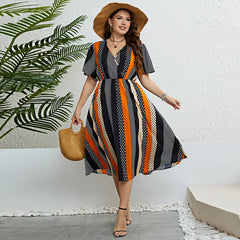 Dress Waist Controlled V neck Printing Dress