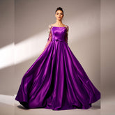 Premium Long Sleeve Square Neck Cocktail Applique Waist Controlled Large Hem Evening Dress Bridesmaid