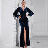 V neck Split Long Sleeve Dress Elegant Dinner