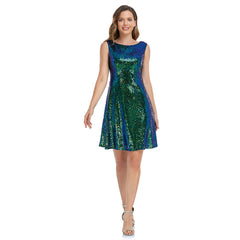 Colorful Two Color Sequined Cocktail Dress Round Neck Sleeveless Loose A Line Dress