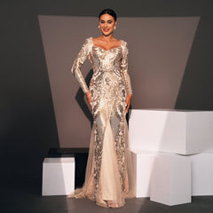 Long Sleeve Square Collar Long Sequin Stitching Cocktail Evening Dress Bridesmaid